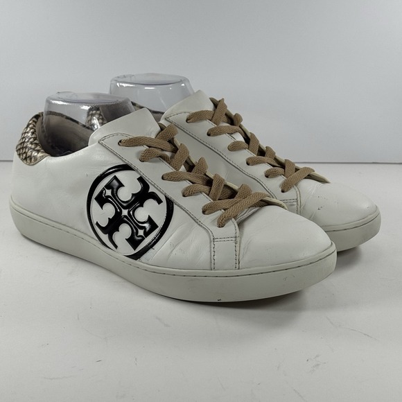 Tory‎ Burch Leigh T-Logo Sneaker Calf Leather/ Stamped Snake Printed Leather 10M - Picture 2 of 10